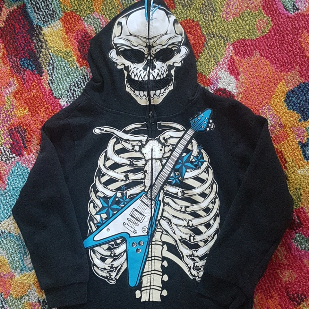 Kids Black Skeleton Hoodie with Blue Guitar Graphic
